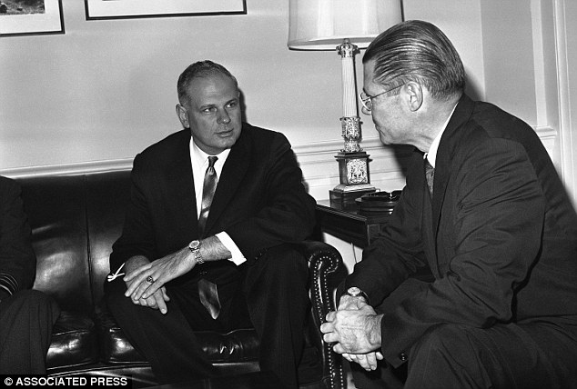 In this image, secretary of defense at the time, Robert McNamara (right) talks at the pentagon, in Washington with his Canadian counterpart, Paul Hellyer (left), in 1963. Hellyer is the first high ranking politician to publicly state that aliens are real Paul Hellyer: At least four alien species have visited Earth