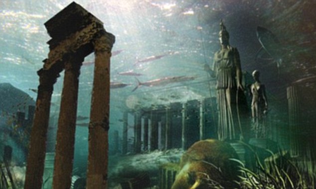 Atlantis is the name for the large island or continent said to have been swallowed up by the Atlantic Ocean centuries ago. An artist's illustration is pictured. Tales of the mythical island first appeared in books by Greek philosopher Plato around 370BC - although the remains of the island have never been found