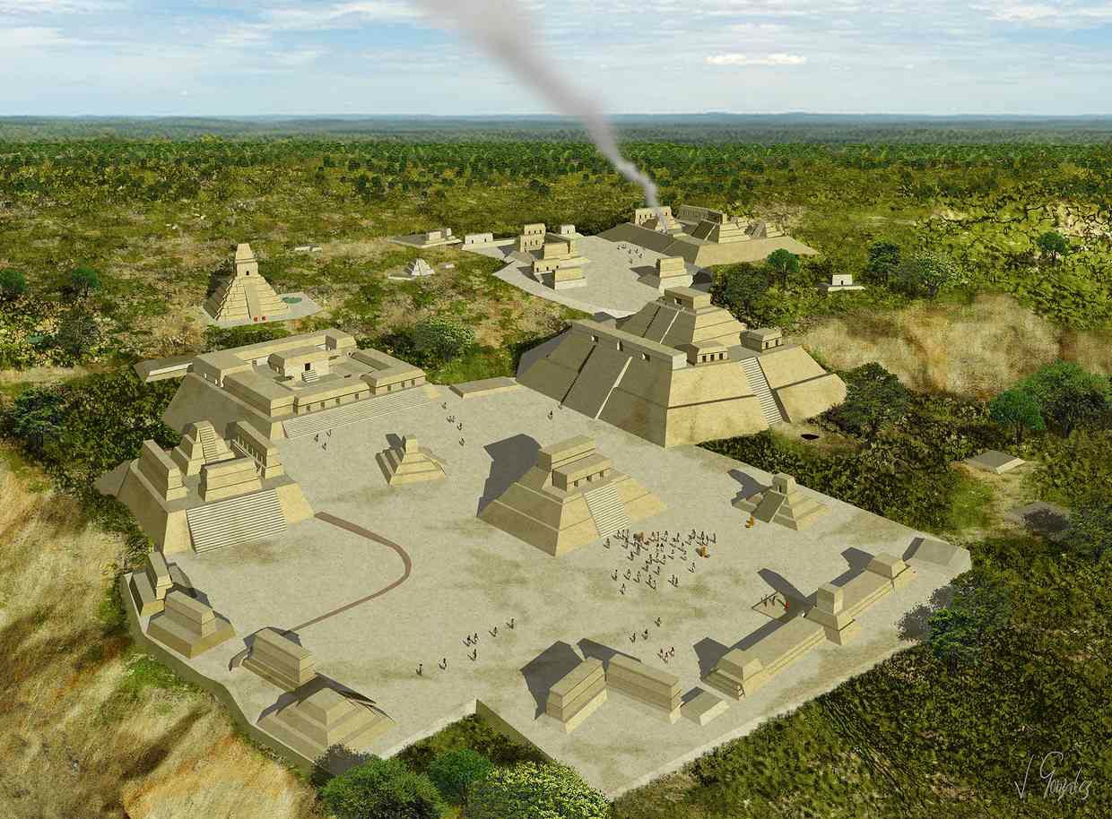 Reconstruction of the Holmul pyramids. Credit: J Gonzalez, PACUNAM